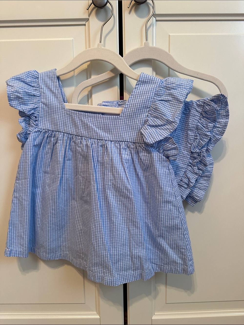 Blue Gingham Ruffle Shoulder Girls Short Set